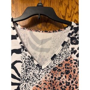 Womens Mixed Animal Print V-Neck Blouse XL Leopard Zebra Long Sleeve Top‎ Peach